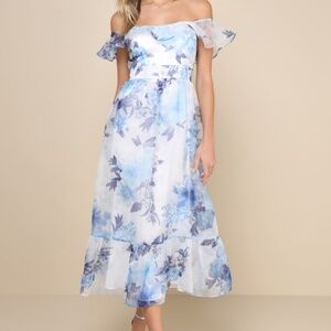 Lulus Sweet Composure White Floral Organza Off-the-shoulder Midi Dress Blue